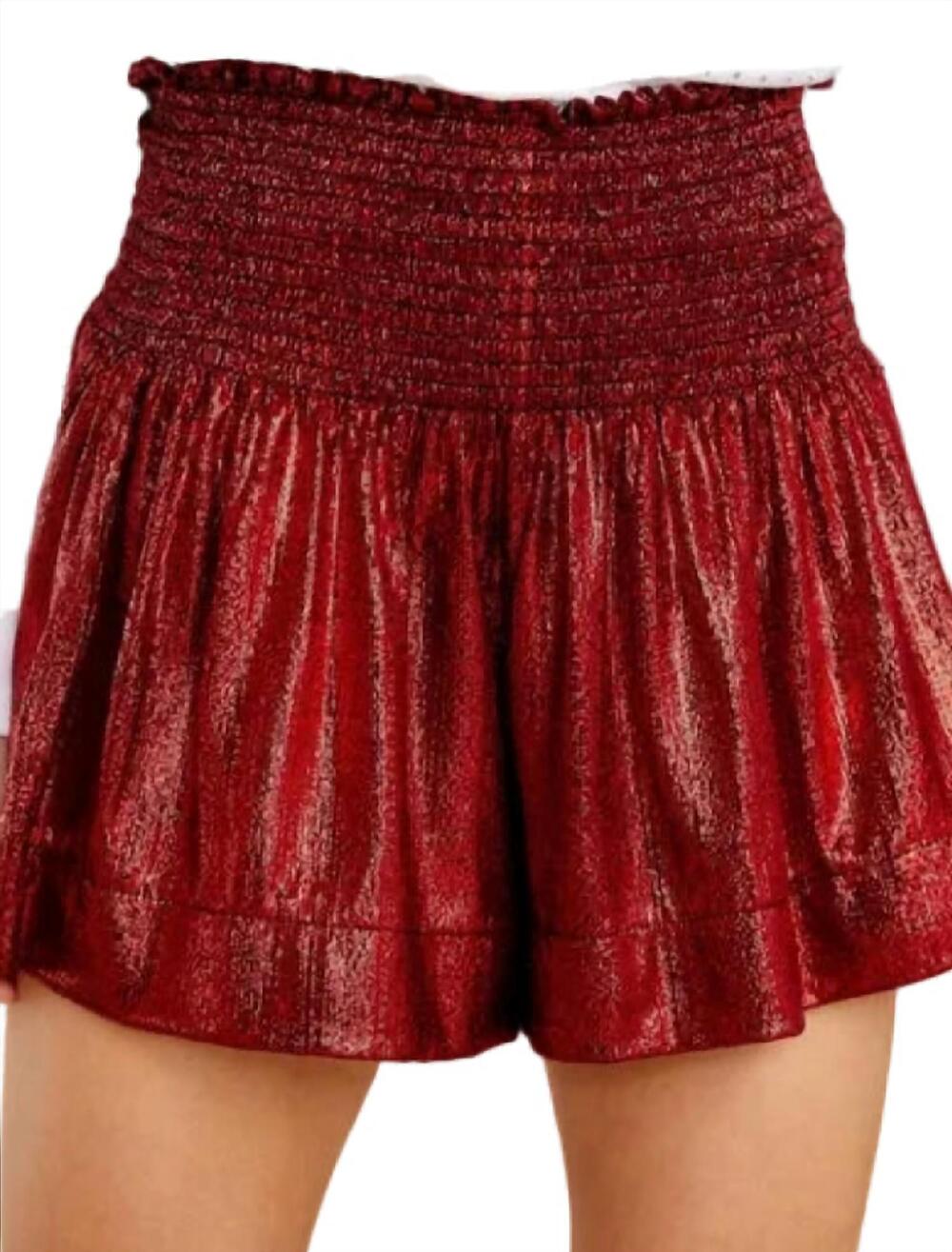 NEW QUEEN OF SPARKLES women's smocked wavy shorts in dark red